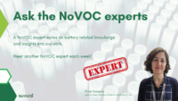 A promotional image for the NoVOC expert series, featuring the text 'Ask the NoVOC experts' over a background of battery cells. It introduces Pınar Kasaplar from Kansai Altan Boya Sanayi ve Ticaret Boya AS as an expert, with a red 'EXPERT' stamp emphasizing her role. The NoVOC logo appears in the bottom left corner.