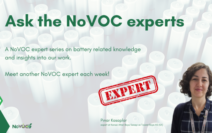 A promotional image for the NoVOC expert series, featuring the text 'Ask the NoVOC experts' over a background of battery cells. It introduces Pınar Kasaplar from Kansai Altan Boya Sanayi ve Ticaret Boya AS as an expert, with a red 'EXPERT' stamp emphasizing her role. The NoVOC logo appears in the bottom left corner.