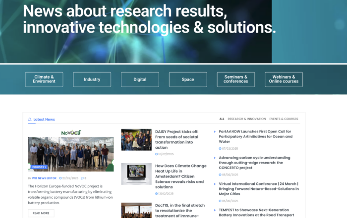 Screenshot of the WIT News homepage, an online platform sharing research results, innovative technologies, and solutions. The page features a banner with the tagline "News about research results, innovative technologies & solutions" and category buttons for "Climate & Environment," "Industry," "Digital," and "Space." Below, the "Latest News" section highlights articles, including one about the Horizon Europe-funded NoVOC project, which focuses on eliminating volatile organic compounds (VOCs) from lithium-ion battery production. Other news articles cover climate change, medical research, and upcoming conferences.