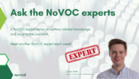 Promotional graphic for the NoVOC 'Ask the Experts' series, featuring Julius Gerk from Technische Universität Braunschweig. The background shows cylindrical battery cells, with text highlighting the weekly expert insights on battery-related knowledge. A red 'EXPERT' stamp is prominently placed over the image