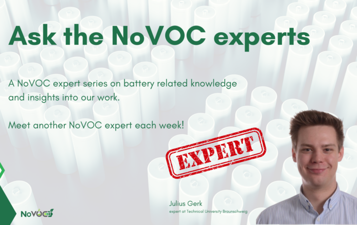 Promotional graphic for the NoVOC 'Ask the Experts' series, featuring Julius Gerk from Technische Universität Braunschweig. The background shows cylindrical battery cells, with text highlighting the weekly expert insights on battery-related knowledge. A red 'EXPERT' stamp is prominently placed over the image