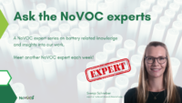 A promotional image for the NoVOC expert series, featuring the text 'Ask the NoVOC experts' over a background of battery cells. It introduces Svenja Schreiber from TUBS as an expert, with a red 'EXPERT' stamp emphasizing her role. The NoVOC logo appears in the bottom left corner.