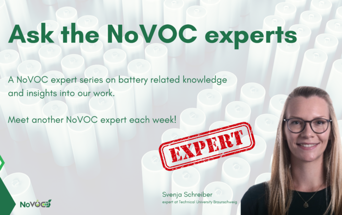 A promotional image for the NoVOC expert series, featuring the text 'Ask the NoVOC experts' over a background of battery cells. It introduces Svenja Schreiber from TUBS as an expert, with a red 'EXPERT' stamp emphasizing her role. The NoVOC logo appears in the bottom left corner.