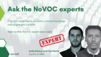 Promotional graphic for the NoVOC 'Ask the Experts' series, featuring two people from ABEE. The background displays battery cells, with text highlighting the weekly expert insights on battery-related knowledge. A red 'EXPERT' stamp emphasizes their role in the series.