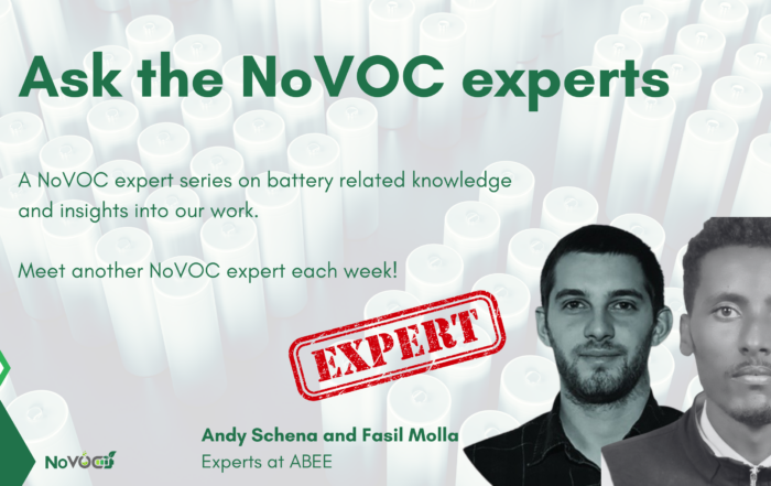 Promotional graphic for the NoVOC 'Ask the Experts' series, featuring two people from ABEE. The background displays battery cells, with text highlighting the weekly expert insights on battery-related knowledge. A red 'EXPERT' stamp emphasizes their role in the series.