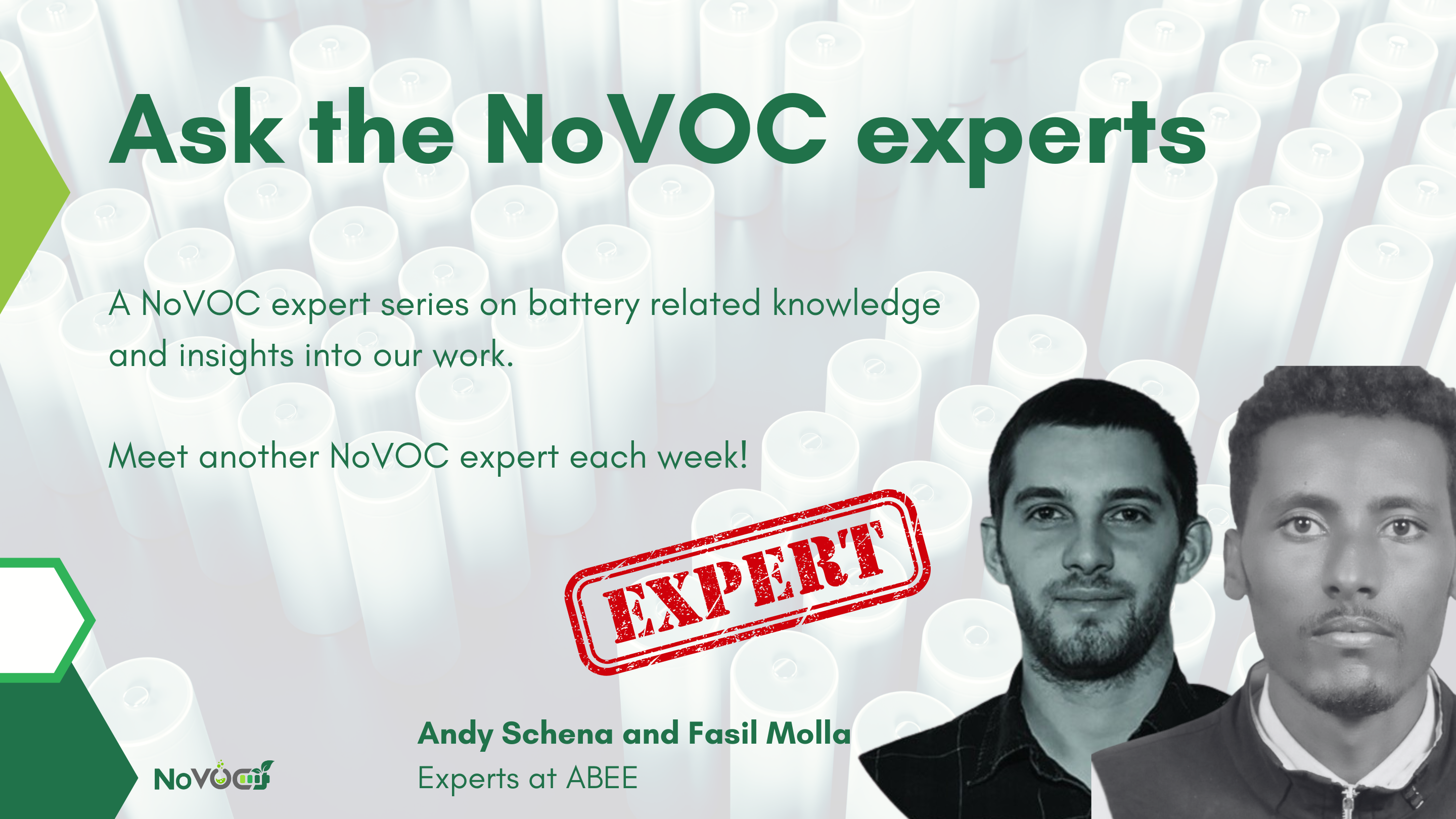 Expert campaign ABEE Promotional graphic for the NoVOC 'Ask the Experts' series, featuring two people from ABEE. The background displays battery cells, with text highlighting the weekly expert insights on battery-related knowledge. A red 'EXPERT' stamp emphasizes their role in the series.