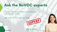 Promotional graphic for the NoVOC 'Ask the Experts' series, featuring Buket Boz Hoffman from the Austrian Institute of Technology. The background displays battery cells, with text highlighting the weekly expert insights on battery-related knowledge. A red 'EXPERT' stamp emphasizes her role in the series.