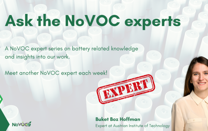 Promotional graphic for the NoVOC 'Ask the Experts' series, featuring Buket Boz Hoffman from the Austrian Institute of Technology. The background displays battery cells, with text highlighting the weekly expert insights on battery-related knowledge. A red 'EXPERT' stamp emphasizes her role in the series.