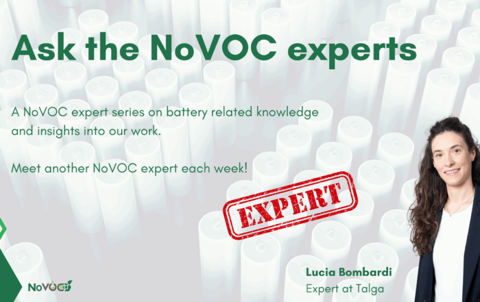 Promotional graphic for the NoVOC 'Ask the Experts' series, featuring Lucia from Talga. The background displays battery cells, with text highlighting the weekly expert insights on battery-related knowledge. A red 'EXPERT' stamp emphasizes Lucias role in the series.